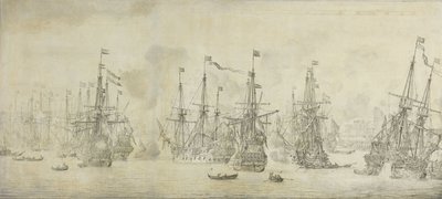 Englændernes mislykkede angreb på returflåden i havnen i Bergen, Norge, 12. august 1665: en episode fra den anden engelsk-hollandske krig af Willem van de Velde (I)