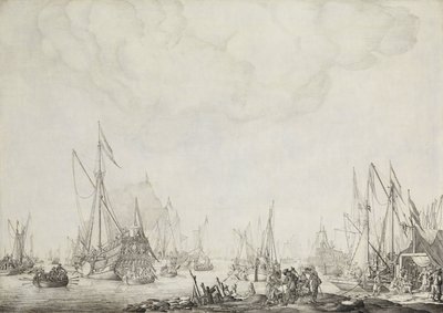 De kongelige og statslige yachts, muligvis Charles II af Englands ankomst til Moerdijk, 1660 af Willem van de Velde (I)