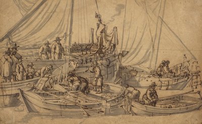 Figurer om bord på små handelsfartøjer, ca. 1650-5 (pen, brun blæk og vask-tegning) af Willem van de Velde