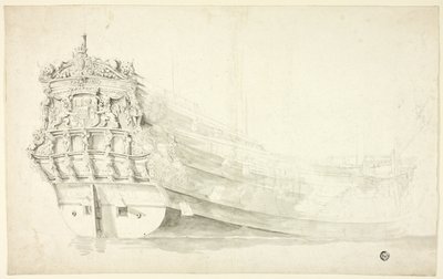 Hollandsk skib med ornamenteret stævn set fra styrbords side af Willem van de Velde I