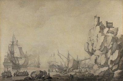 Skibe og milits ved en klippekyst af Willem van de Velde the Elder