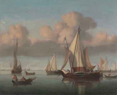 En Kaag for Anker med Sejl hejst og en Statsjacht og andre Fartøjer af Willem van de Velde the Younger