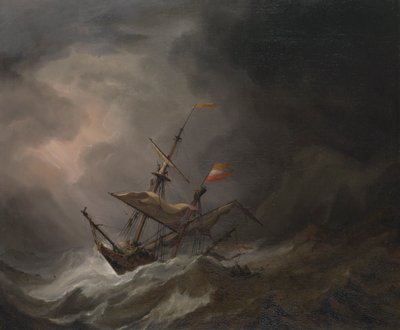 En middelhavsbrigantine, der driver ind på en klippekyst i stormvejr, ca. 1700 (olie på lærred) af Willem van de Velde the Younger