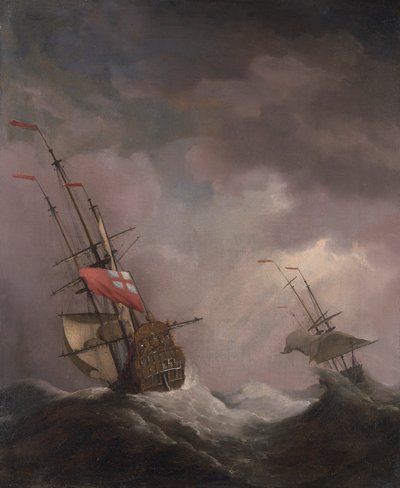 Et engelsk skib til søs, der løber i kuling af Willem van de Velde the Younger