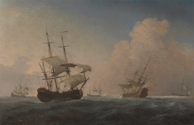 Engelske krigsskibe krænger i brisen offshore af Willem van de Velde the Younger