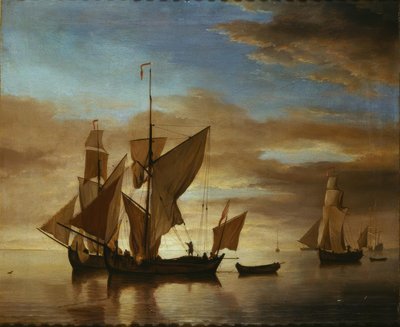Skibe på stille hav i aftenlyset af Willem van de Velde the Younger