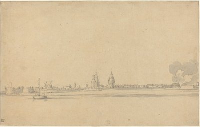 Udsigt over en hollandsk by (Delft?) af Willem van de Velde the Younger