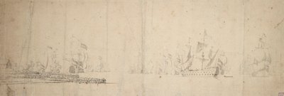 En hollandsk flåde på vej ud fra en mole, ca. 1665 (grafit, gråvask) af Willem van de the Elder Velde