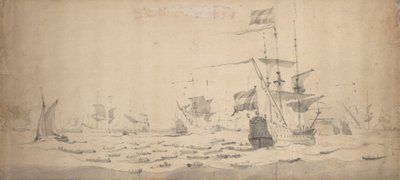 En hollandsk flåde, der ligger i en brise: et krigsråd, ca. 1665 (grafit, gråvask) af Willem van de the Elder Velde