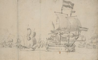 Et hollandsk flagskib med et ekspeditionsskib på sin agterstavn, maj 1672, ca. 1672 (blyant, lakering) af Willem van de the Elder Velde