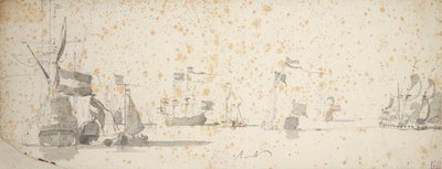 En statslig yacht og hollandske skibe for anker, ca. 1664 (grafit, gråvask) af Willem van de the Elder Velde