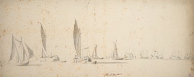 En trækbåd, wijdschips og waterschips i en let brise, ca. 1664 (grafit, gråvask) af Willem van de the Elder Velde