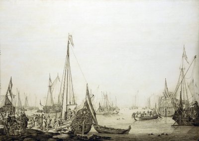 En række skibe i en overfyldt havn, dette maleri er historisk forbundet med Charles II af Englands (1630-1685) rejse til Haag (Holland) i 1660, under genoprettelsen af hans magt over den engelske trone af Willem van de the Elder Velde