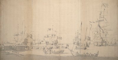 En weyschuit trækkes i land i en overfyldt havn, ca. 1672 (grafit) af Willem van de the Elder Velde