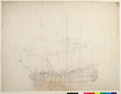 Et engelsk tredjerangsskib med 60 kanoner set tæt på bagbords bov, ca. 1673 (offset) af Willem van de the Elder Velde