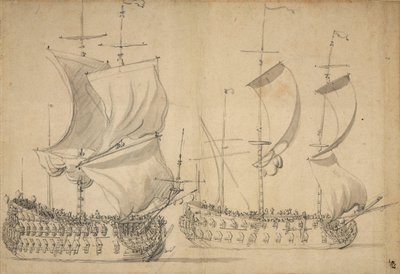 En engelsk tredjereder og fjerdereder under let sejlads, ca. 1677 (blyant, lakering) af Willem van de the Elder Velde