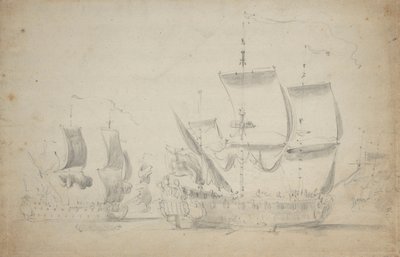 En engelsk todækker under let sejl, ca. 1675 (blyant, lakering) af Willem van de the Elder Velde