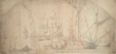 En engelsk yacht for anker med indrullede sejl af Willem van de the Elder Velde