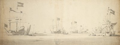 Hollandske flagskibe for anker med både ved siden af, ca. 1664 (grafit, gråvask) af Willem van de the Elder Velde