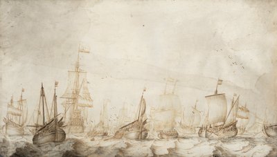 Hollandske sildefiskerfartøjer i Nordsøen. Blæk- og vasketegning (27,4x47,6 cm) af William van de Velde den ældre (ca. 1611-1693), ca. 1650. af Willem van de the Elder Velde