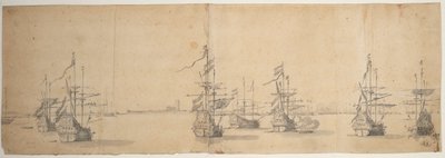 Hollandske skibe for anker ud for en lav kyst, ca. 1658 (grafit, gråvask) af Willem van de the Elder Velde