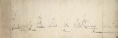 Hollandske skibe for anker ud for land, ca. 1664 (grafit, gråvask) af Willem van de the Elder Velde