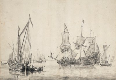 Sejlbåde og en hollandsk fregat, der tørrer sine sejl. Tegning og lakering (26x37 cm), af William van de Velde l