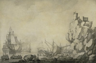 Skibe og milits ved en klippekyst, ca. 1680 (pen og blæk på forberedt lærred) af Willem van de the Elder Velde