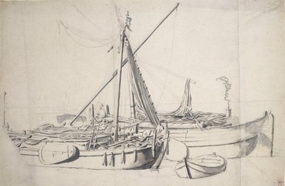 Studie af en damlooper og en smalschip, der ligger ved siden af hinanden, ca. 1665 (grafit, grå vask) af Willem van de the Elder Velde