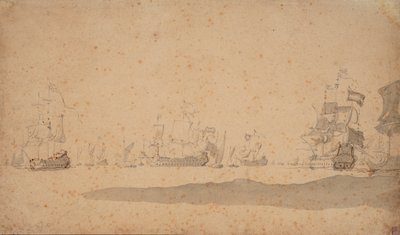 Den hollandske flåde ligger til, sandsynligvis i maj 1672, ca. 1672 (grafit, gråvask) af Willem van de the Elder Velde