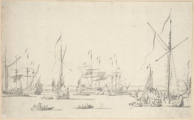 Yachter og skibe for anker nær Sheerness, ca. 1677 (grafit, grå vask) af Willem van de the Elder Velde