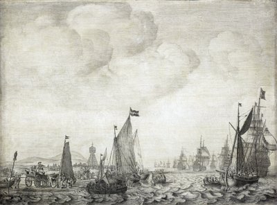 Handelsskibe til Orienten og deres eskorte forlader Vlie (eller Vliestroom), søvejen mellem øerne Vlieland og Treschelling (Holland), 9. juni 1645 af Willem van de the Elder Velde