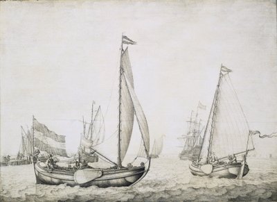 To hollandske skibe ved starten, sandsynligvis i Amsterdams havn (Holland). Grisaille på træ, ca. 1660, af Willem van de Velde (1611-1693). af Willem van de the Elder Velde
