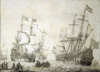 To handelsskibe fra det hollandske ostindiske kompagni forlader kysten i rolig vind. Grisaille på træ af Willem van de the Elder Velde