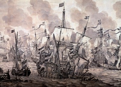 slaget ved Øresund mellem den hollandske og den svenske flåde, 8. november 1658. Detalje - Olie- og blækmaleri af Willem van de the Elder Velde