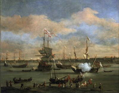 Britisk handelsskib i en havn i Middelhavet. Olie på lærred af Willem van de Velde the Younger