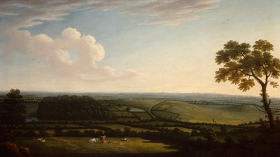 Omfattende skovklædt landskab med en fjern udsigt over en by (olie) af Joseph Mallord William Turner