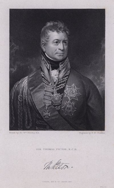 Sir Thomas Picton, walisisk general fra Napoleonskrigene dræbt i slaget ved Waterloo (gravering) af William (after) Beechey