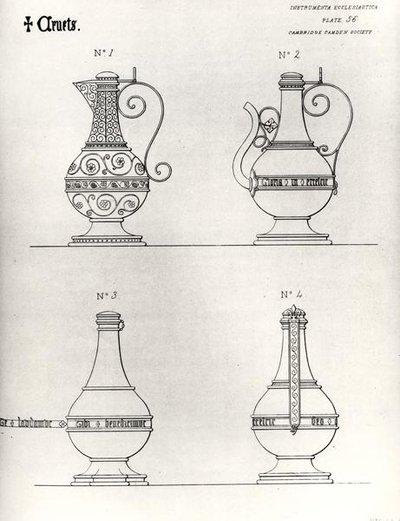 Cruets, illustration fra "Instrumenta Ecclesiastica", serie 1, plade 56, graveret af Thomas Turnbull, udgivet 1846 (litografi) (s/h foto) af William (after) Butterfield