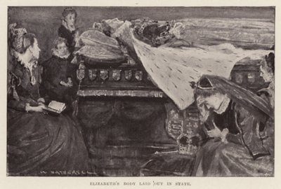 Elizabeths første lig lagt på kistebunden, pub. 1898 (litografi) af William (after) Hatherell