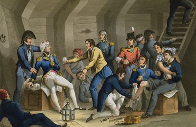 Cockpittet, Battle of the Nile, der viser Nelson såret i slaget, indgraveret af Matthew Dubourg (fl.1813-20) fra 