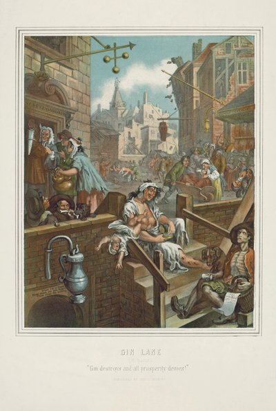 Kromolitografi af William Hogarths Gin Lane (chromolitho) af William (after) Hogarth