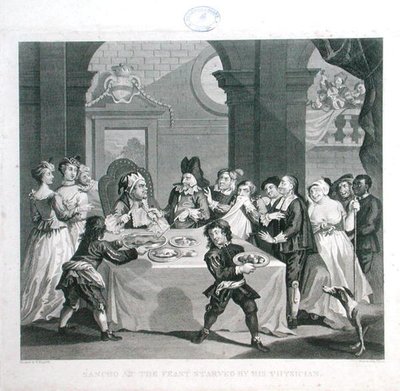 Sancho ved festen udsultet af hans læge, graveret af Thomas Cook (1744-1818) (gravering) af William (after) Hogarth