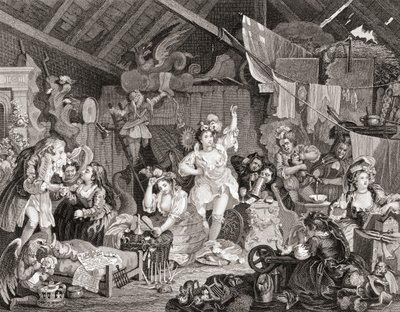 Spadserspillere øver i en lade, indgraveret af G Presbury, fra The Works of Hogarth udgivet London 1833 (s/h gravering) af William (after) Hogarth