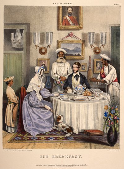 Morgenmaden. Et ungt ægtepar (en embedsmand i det østindiske kompagni og hans kone) spiste morgenmad med stegt fisk, ris og Sylhet-appelsiner med tilstedeværende tjenere. Litografi af J. Bouvier. af William (after) Tayler