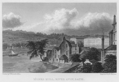 Monks Mill, River Avon, Bath (gravering) af William (after) Westall