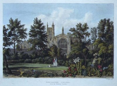 Winchester College set fra forstanderens have, fra "History of Winchester College", del af "History of the Colleges", graveret af Joseph Constantine Stadler (fl.1780-1812) udgivet af R. Ackermann. af William (after) Westall