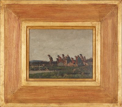 Figurer krydser et landskab (olie på lærred) af William (circle of) Nicholson