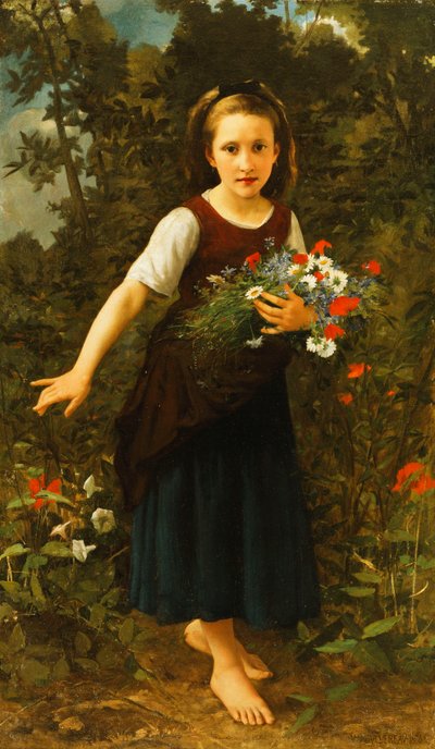 Lille pige ved bækken med et skjold af blomster, 1886 af William Adolphe Bouguereau