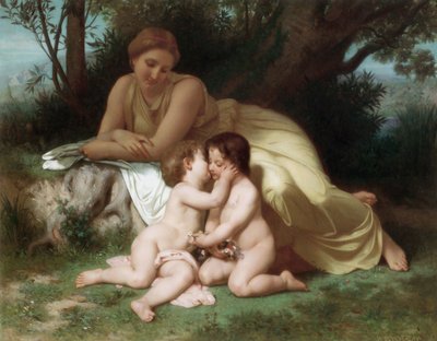 Ung kvinde betragter to omfavnende børn af William Adolphe Bouguereau